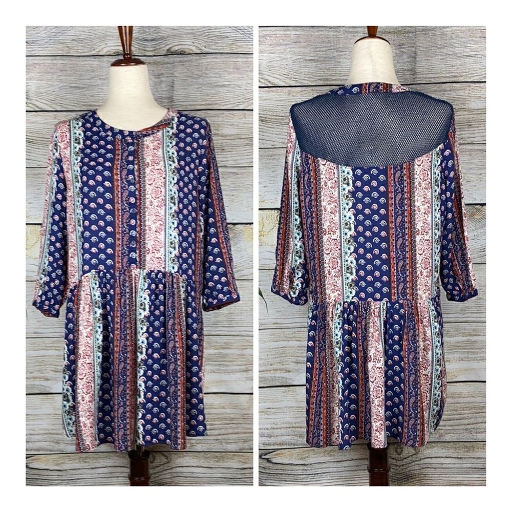 ROPER Mesh Back Tunic Mini Dress Blue Paisley Prin size M